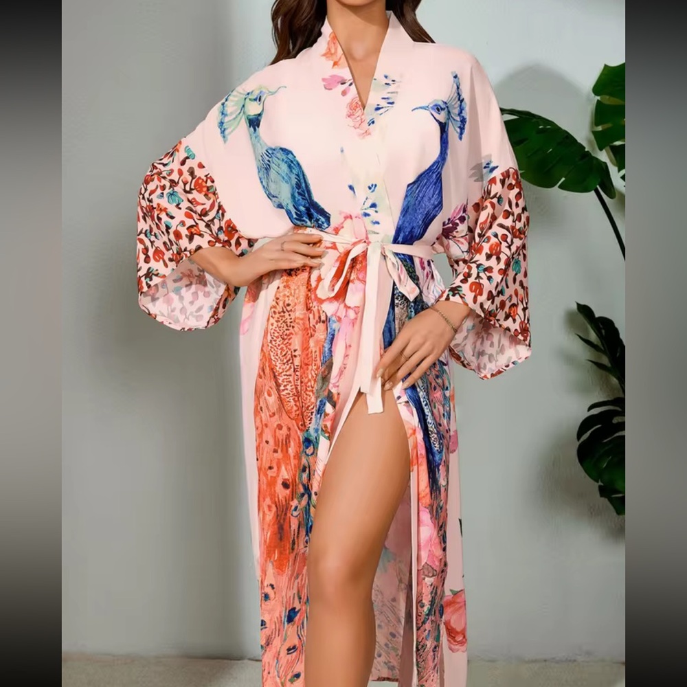 Kimono cardigan floral boho blouse swimsuit cover up belt tie peacock white - Picture 4 of 4